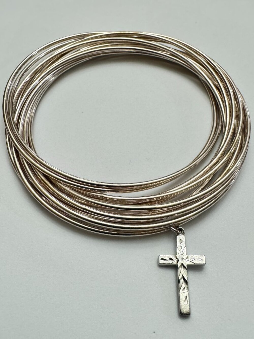 12 Strand Sterling Silver Bangle  Bracelet with Sterling Silver Cross. NWOT
